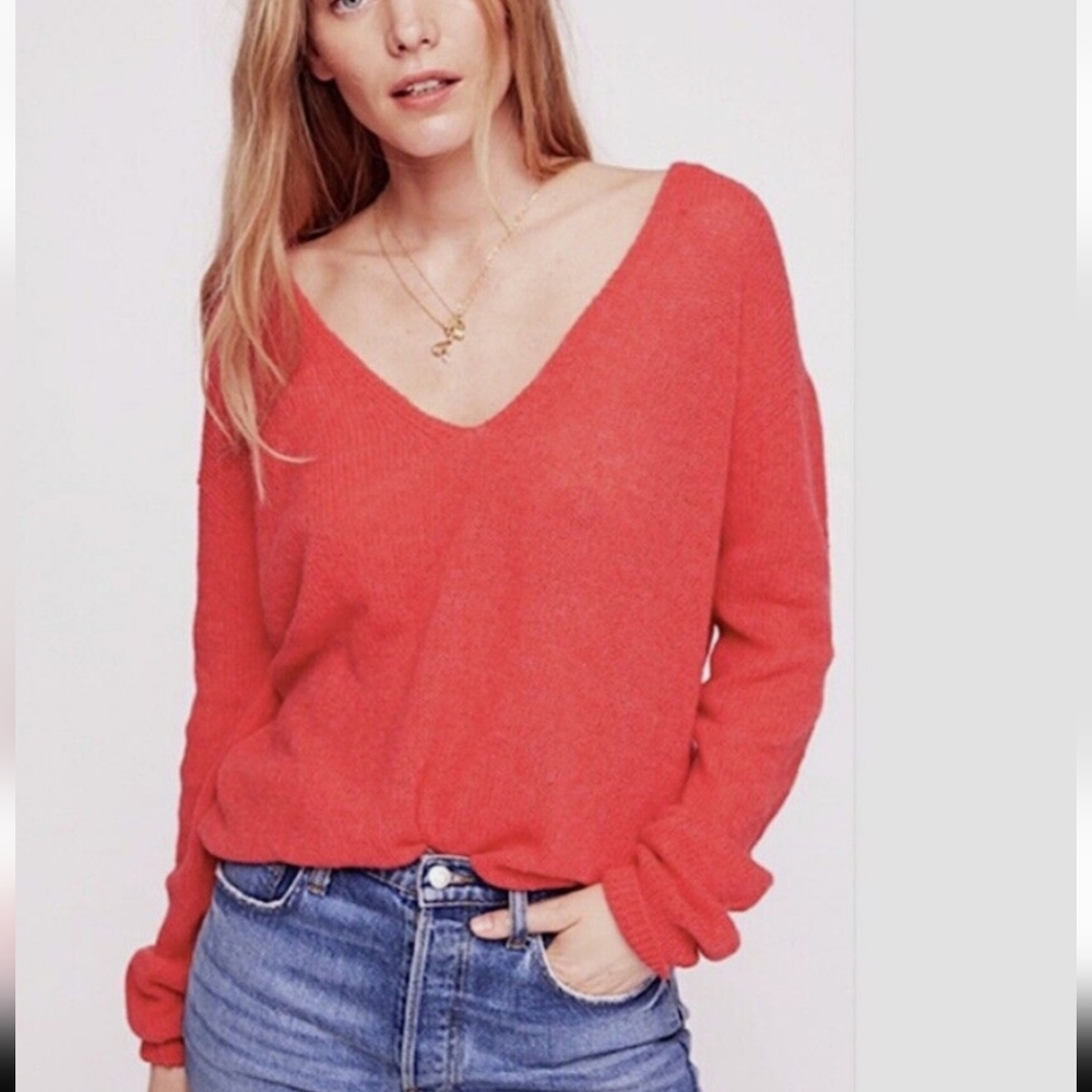 Free People Gossamer Alpaca-blend V-neck Pullover Sweater Coral Long Slvs NWT SM